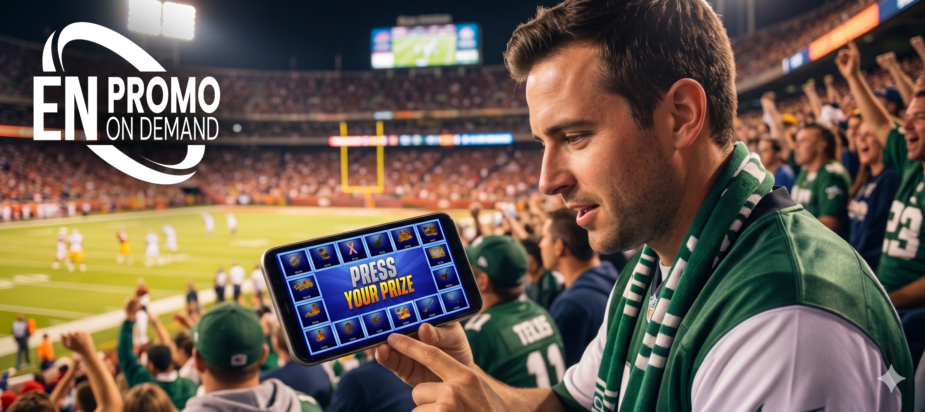 Football fan in the stands playing a Promo on Demand instant-win game on his phone