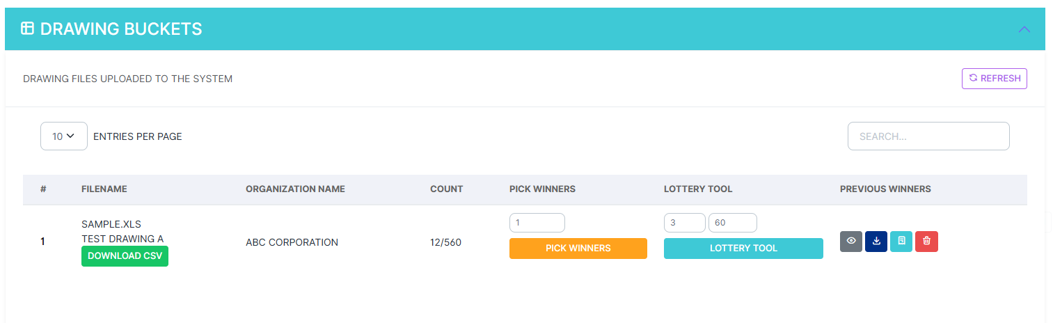 Drawing Buckets table showing an uploaded player file with Pick Winners, Lottery Tool, and Previous Winners action buttons