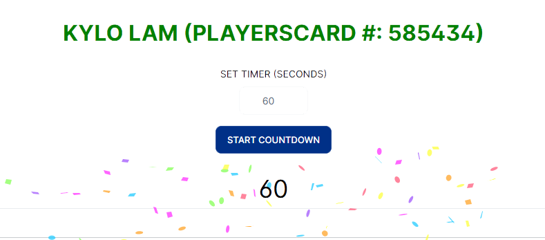 Pick Winners result showing winner name, Loyalty Number, and a 60-second countdown timer