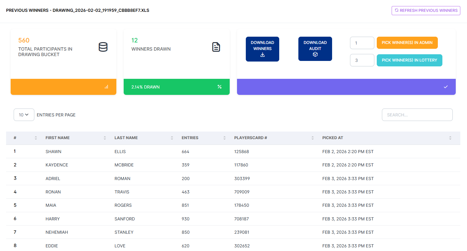 Previous Winners detail view showing total participants, winners drawn percentage, and a searchable paginated table of winners with their Loyalty Number and timestamp