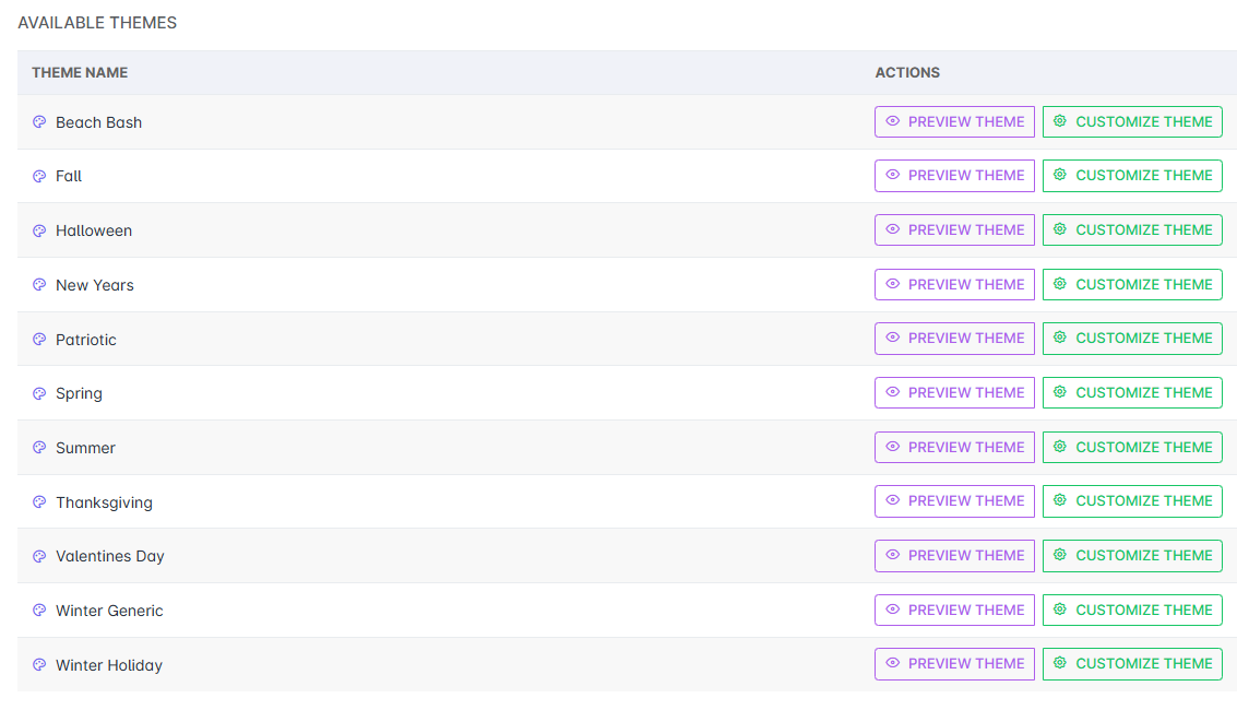Available Themes list showing 11 themes — Beach Bash, Fall, Halloween, New Years, Patriotic, Spring, Summer, Thanksgiving, Valentines Day, Winter Generic, and Winter Holiday — each with Preview Theme and Customize Theme buttons
