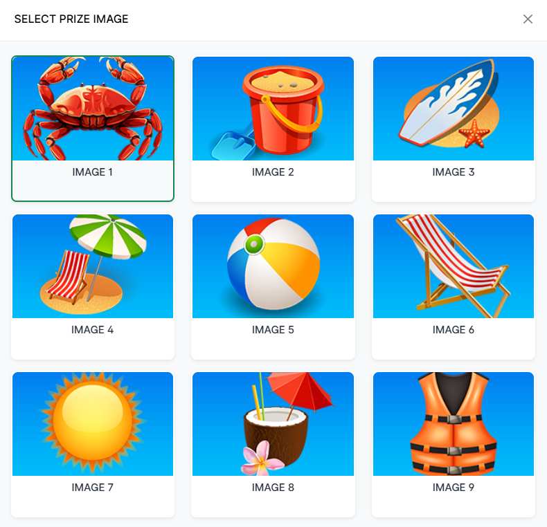 Select Prize Image modal showing nine themed beach and summer icons: crab, sand bucket, surfboard, beach chair, beach ball, tropical drink, flip flops, sunglasses, and palm tree