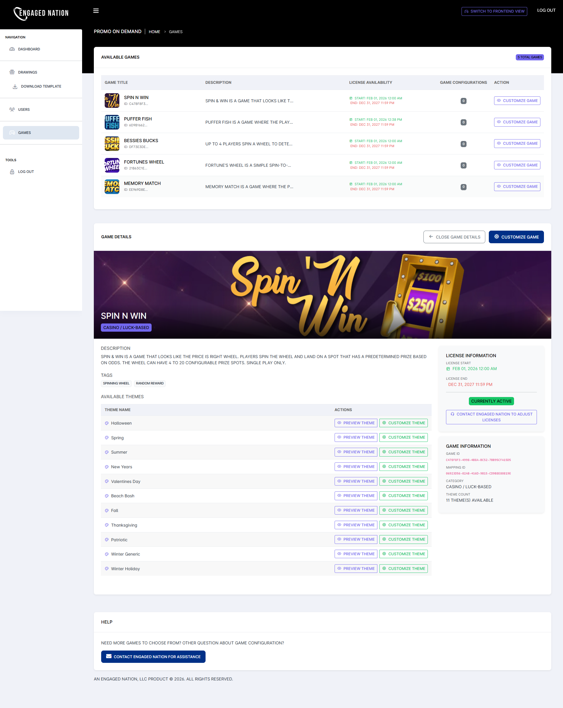 Admin games list showing available games and the game details panel with available themes