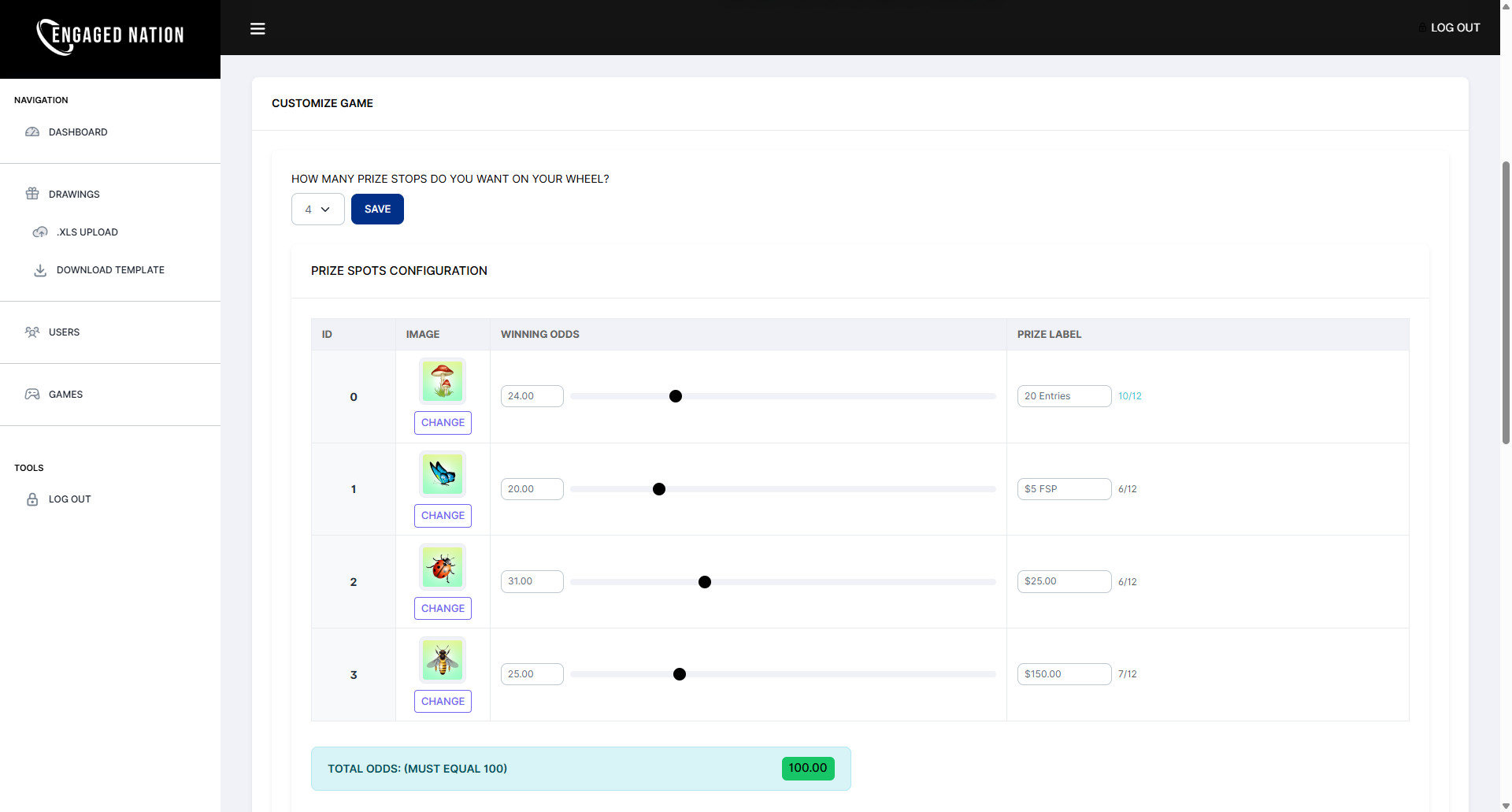 Game customization page showing prize spots with winning odds sliders and prize labels — total odds must equal 100