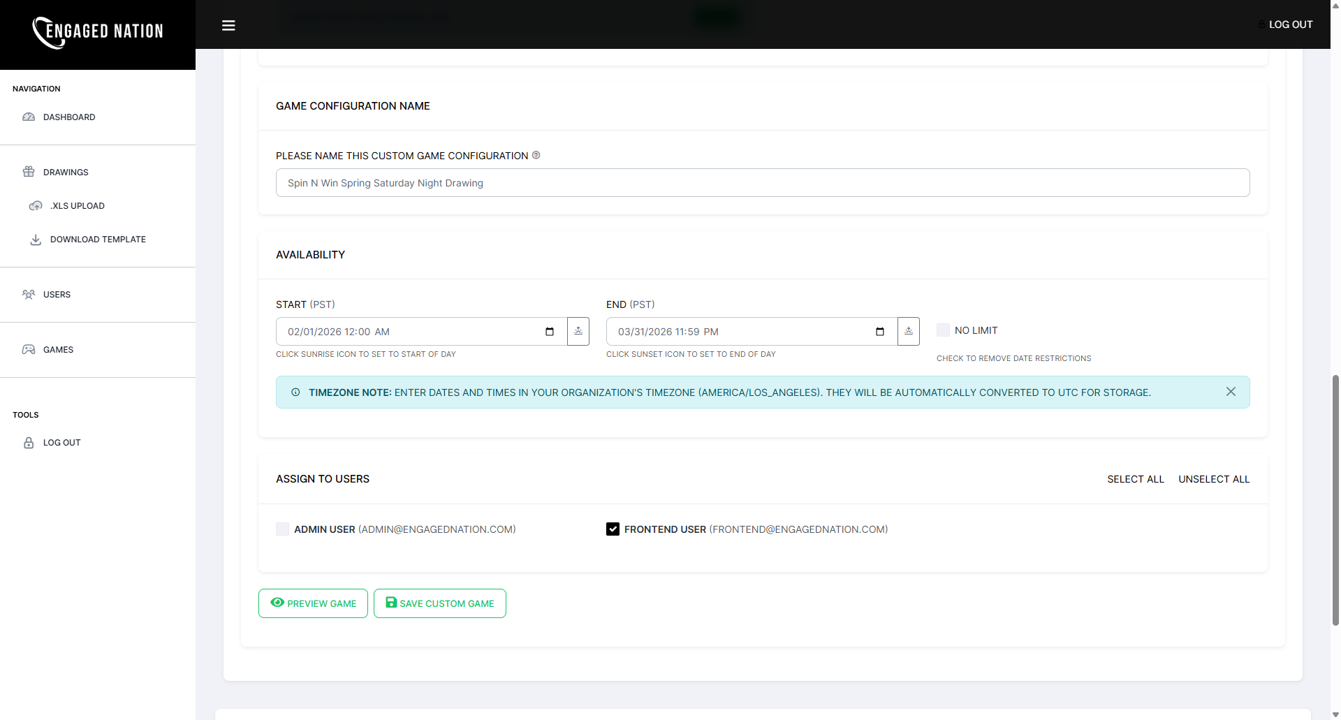 Game configuration settings — name, availability date range, and user assignment
