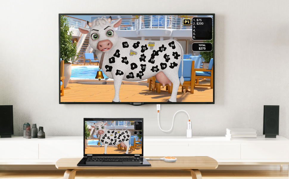 Laptop on desk casting crystal clear content to a wall-mounted TV via j5create ScreenCast