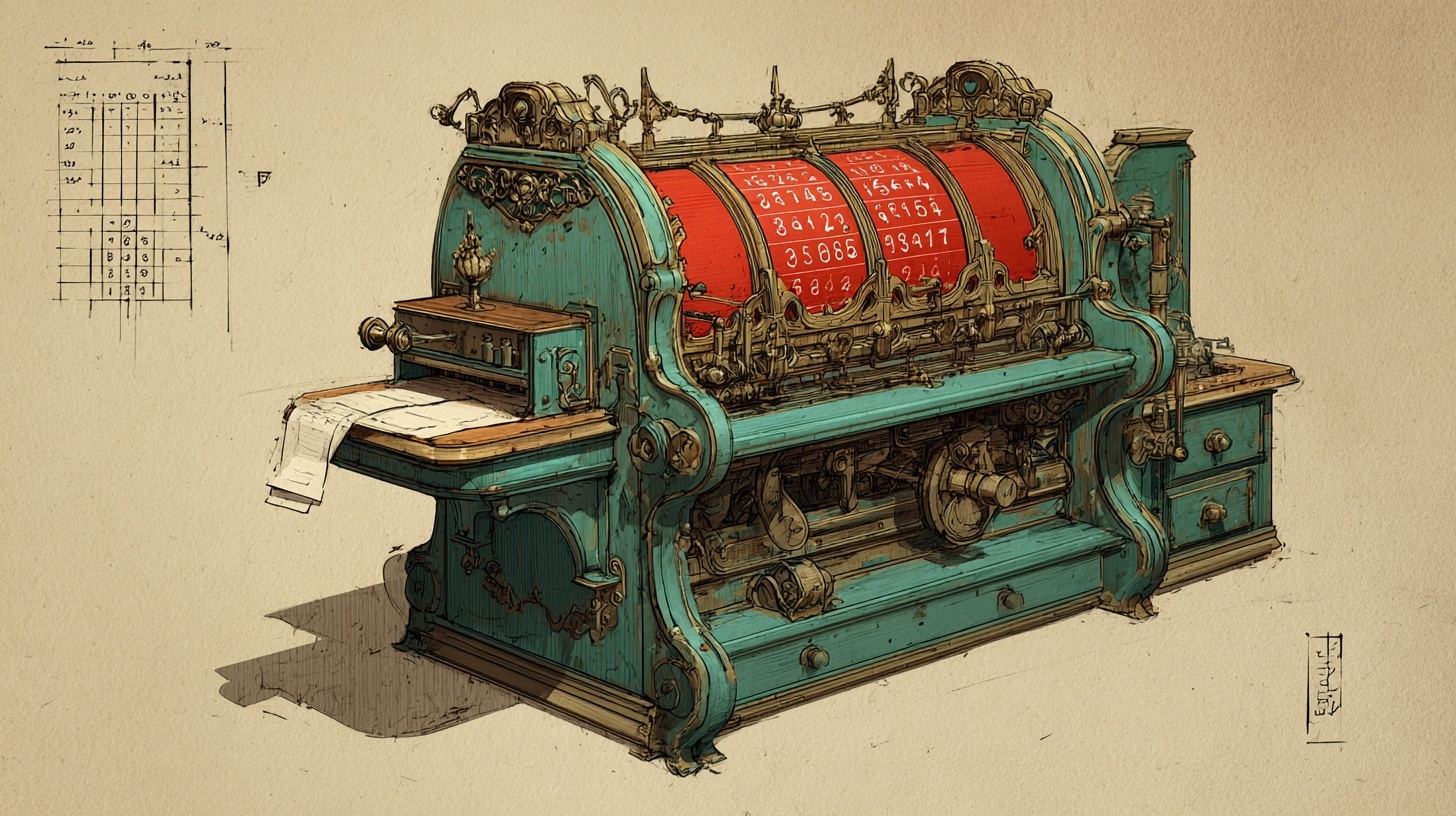 Conceptual illustration of a complex mechanical random number generator with rolling digits