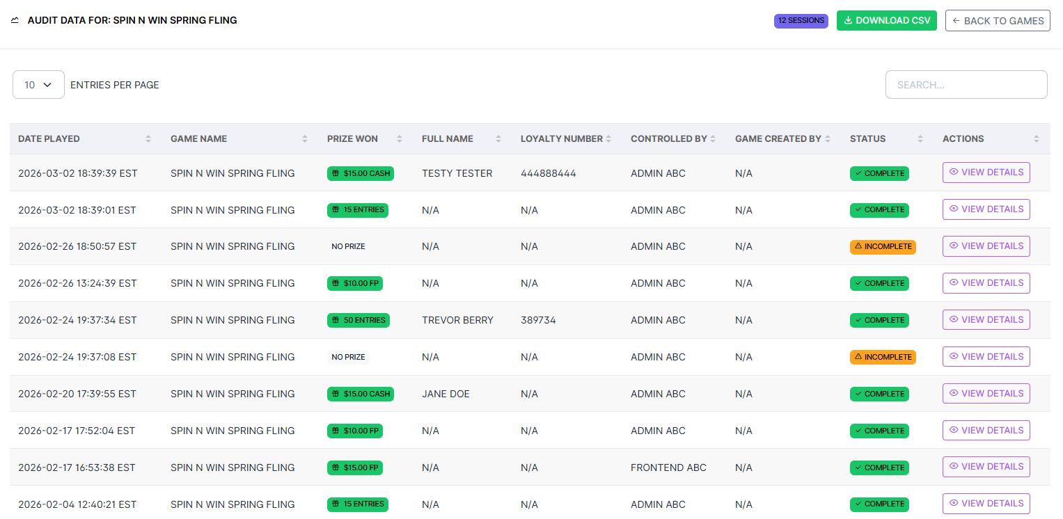 Audit Data table for Spin N Win Spring Fling showing 12 sessions with columns for date played, game name, prize won, full name, Loyalty Number, controlled by, status, and a View Details action button