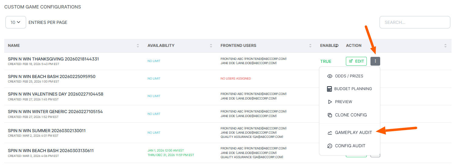 How to access gameplay audit data from the Custom Game Details table — click the triple-dots menu on the right side of any custom game configuration row