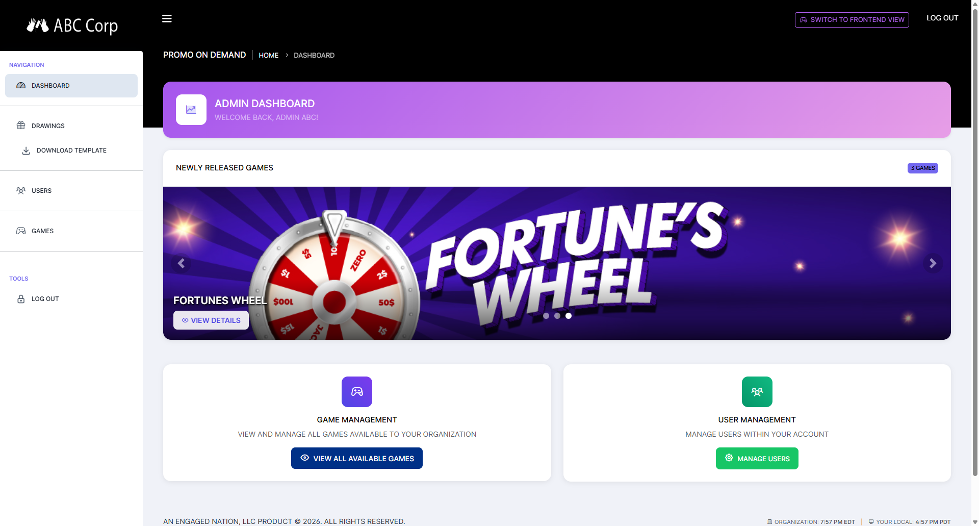 Admin dashboard view in Promo on Demand