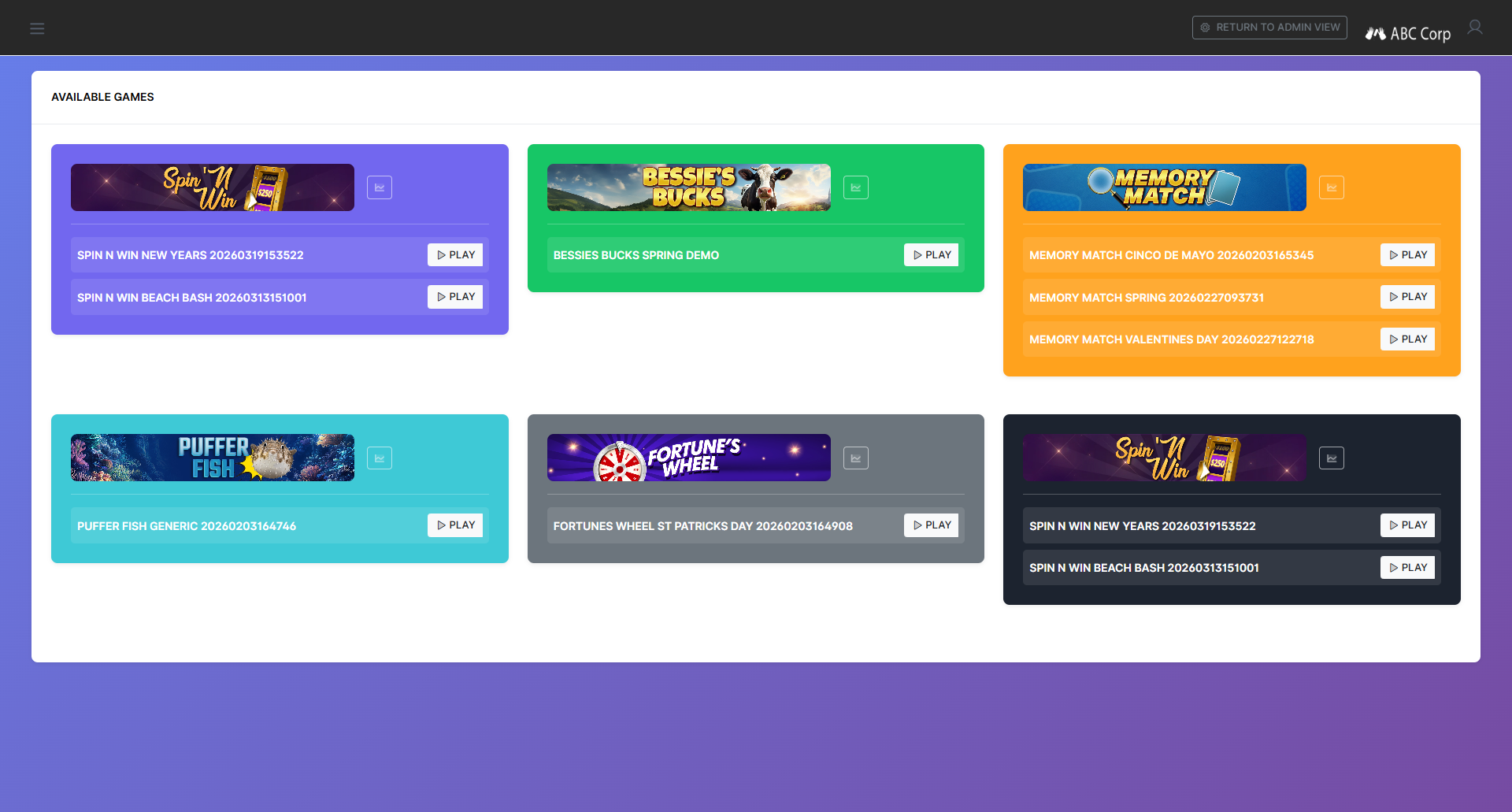 Frontend user game lobby with Play buttons