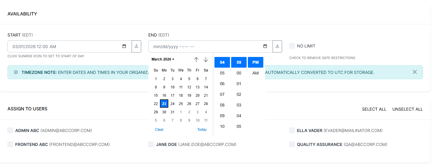 Game configuration user assignment and date range settings