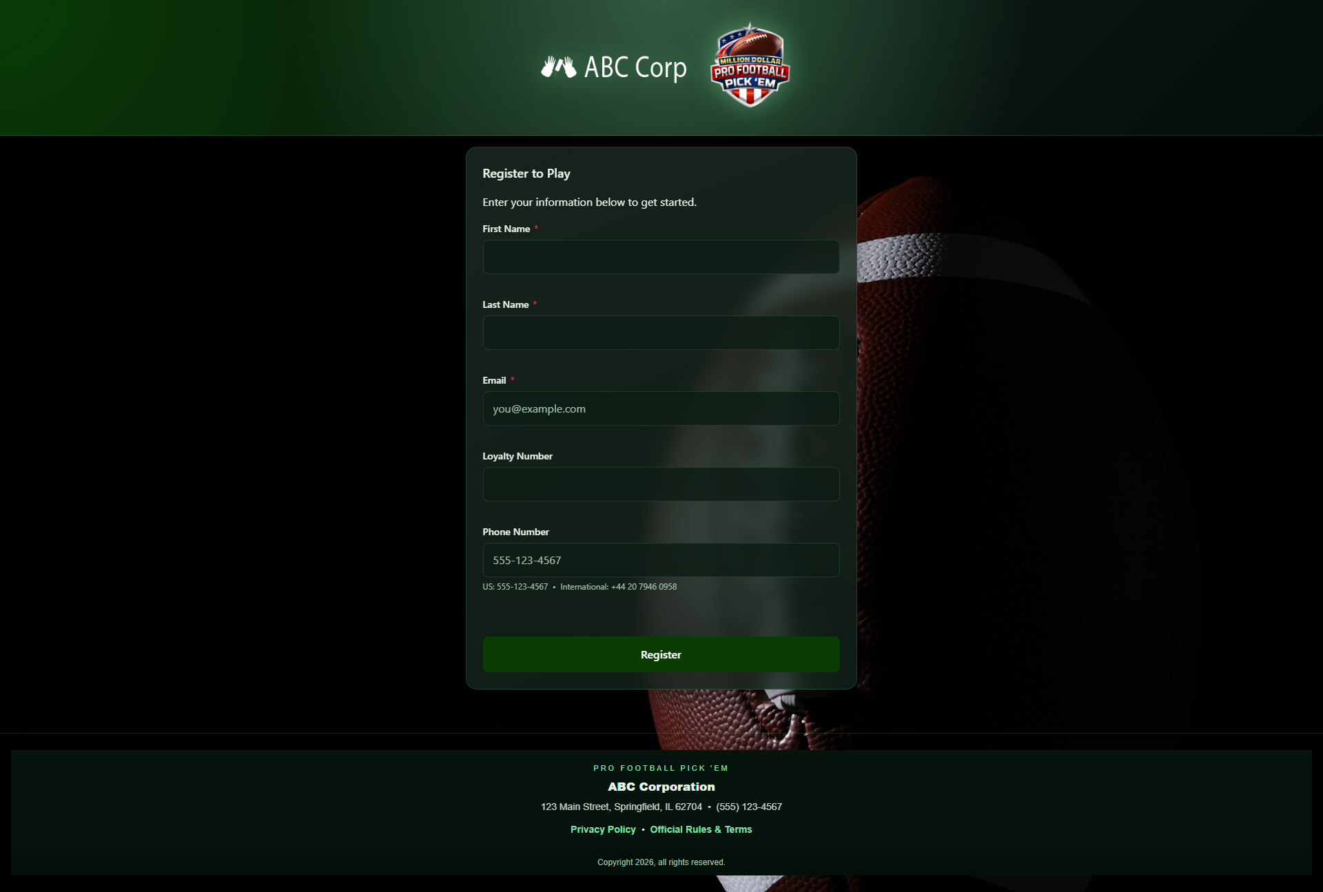 Player registration form collecting first name, last name, email, loyalty number, and phone number