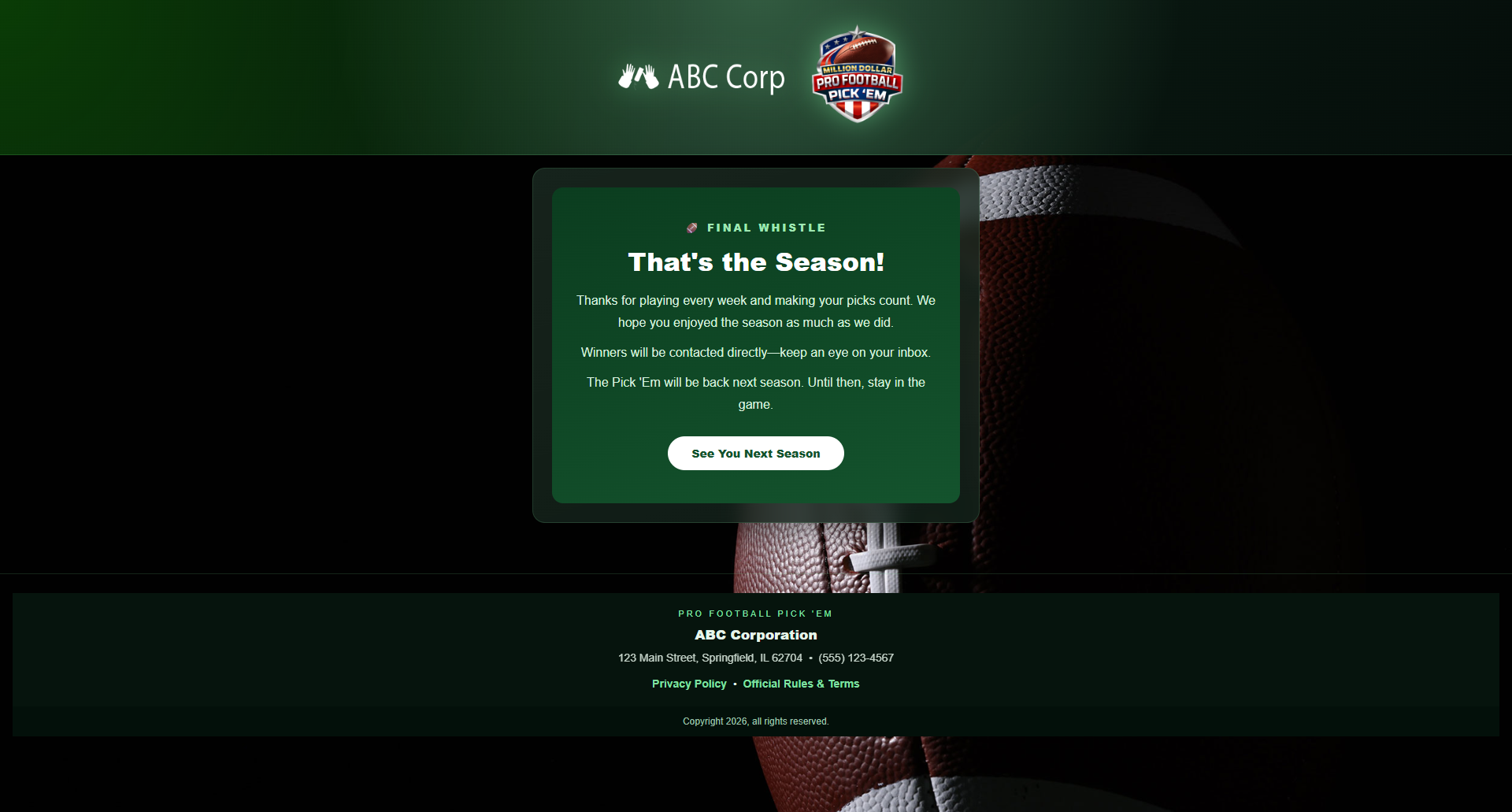 End of season thank you page in the Green theme, congratulating players on a season of champions