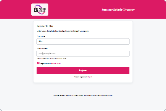 The live preview of a campaign registration page, with a pink header, the campaign's name on the right, and a matching Register button