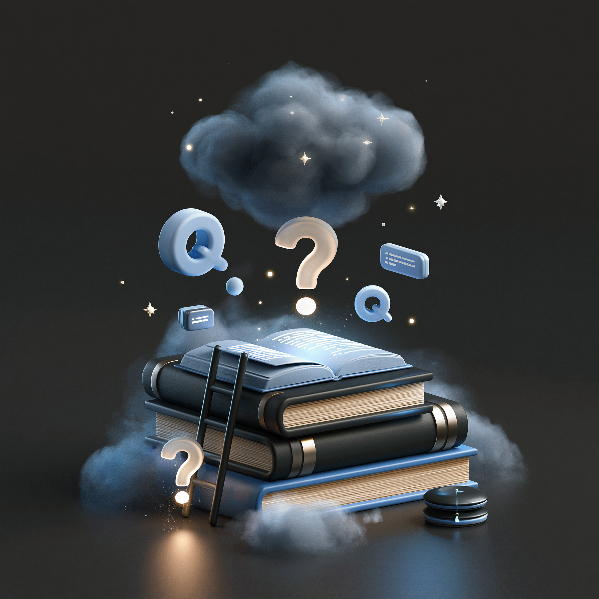 A stack of books beneath question marks, representing quick answers and self-service help