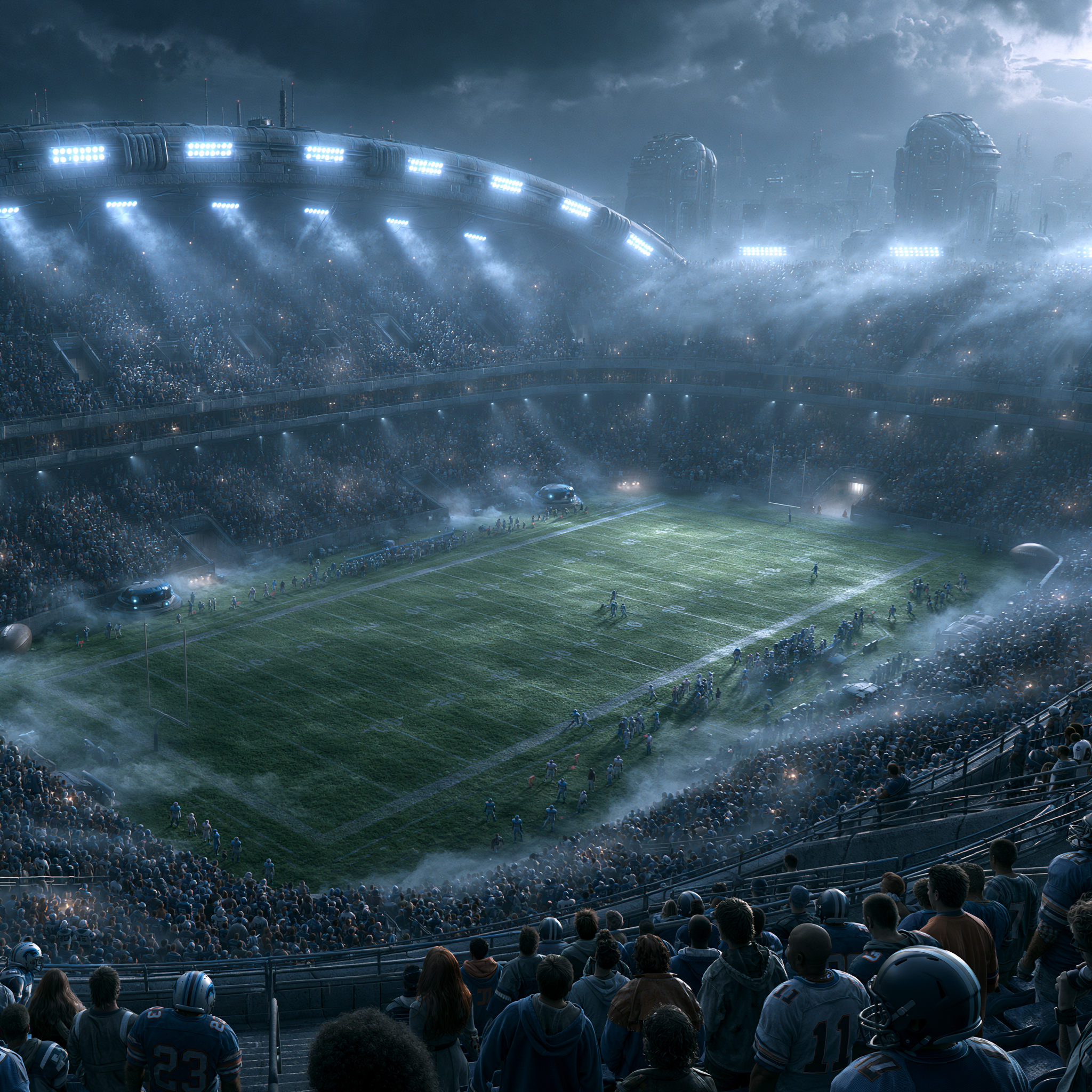 A packed football stadium under bright lights, representing the Pro Football Pick 'Em experience